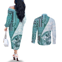 Samoa Siapo Elegant Couples Matching Off The Shoulder Long Sleeve Dress and Long Sleeve Button Shirt Hibiscus Teal Motifs LT05 - Polynesian Pride