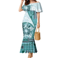 Samoa Siapo Elegant Family Matching Mermaid Dress and Hawaiian Shirt Hibiscus Teal Motifs LT05 Mom's Dress Teal - Polynesian Pride