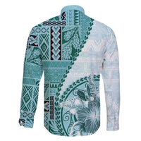 Samoa Siapo Elegant Family Matching Off The Shoulder Long Sleeve Dress and Hawaiian Shirt Hibiscus Teal Motifs LT05 - Polynesian Pride