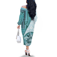 Samoa Siapo Elegant Family Matching Off The Shoulder Long Sleeve Dress and Hawaiian Shirt Hibiscus Teal Motifs LT05 - Polynesian Pride