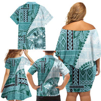 Samoa Siapo Elegant Family Matching Off Shoulder Short Dress and Hawaiian Shirt Hibiscus Teal Motifs LT05 - Polynesian Pride
