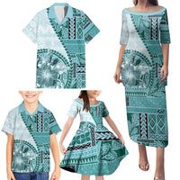 Samoa Siapo Elegant Family Matching Puletasi and Hawaiian Shirt Hibiscus Teal Motifs LT05 - Polynesian Pride