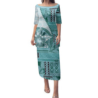 Samoa Siapo Elegant Family Matching Puletasi and Hawaiian Shirt Hibiscus Teal Motifs LT05 Mom's Dress Teal - Polynesian Pride