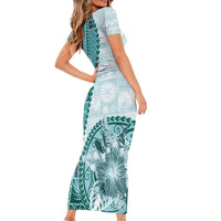Samoa Siapo Elegant Family Matching Short Sleeve Bodycon Dress and Hawaiian Shirt Hibiscus Teal Motifs LT05 - Polynesian Pride
