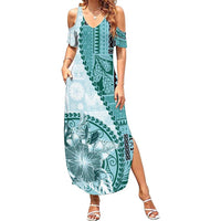 Samoa Siapo Elegant Family Matching Summer Maxi Dress and Hawaiian Shirt Hibiscus Teal Motifs LT05 Mom's Dress Teal - Polynesian Pride