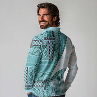 Samoa Siapo Elegant Long Sleeve Polo Shirt Hibiscus Teal Motifs - Polynesian Pride