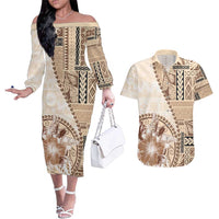 Samoa Siapo Elegant Couples Matching Off The Shoulder Long Sleeve Dress and Hawaiian Shirt Hibiscus Beige Motifs LT05 Beige - Polynesian Pride