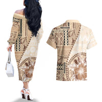 Samoa Siapo Elegant Couples Matching Off The Shoulder Long Sleeve Dress and Hawaiian Shirt Hibiscus Beige Motifs LT05 - Polynesian Pride