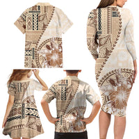 Samoa Siapo Elegant Family Matching Long Sleeve Bodycon Dress and Hawaiian Shirt Hibiscus Beige Motifs LT05 - Polynesian Pride