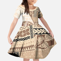 Samoa Siapo Elegant Family Matching Off The Shoulder Long Sleeve Dress and Hawaiian Shirt Hibiscus Beige Motifs LT05 Daughter's Dress Beige - Polynesian Pride