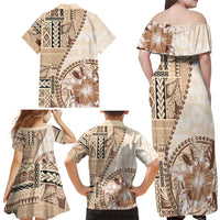 Samoa Siapo Elegant Family Matching Off Shoulder Maxi Dress and Hawaiian Shirt Hibiscus Beige Motifs LT05 - Polynesian Pride