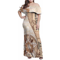 Samoa Siapo Elegant Family Matching Off Shoulder Maxi Dress and Hawaiian Shirt Hibiscus Beige Motifs LT05 Mom's Dress Beige - Polynesian Pride