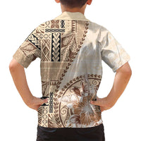 Samoa Siapo Elegant Family Matching Off Shoulder Short Dress and Hawaiian Shirt Hibiscus Beige Motifs LT05 - Polynesian Pride