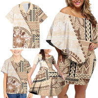 Samoa Siapo Elegant Family Matching Off Shoulder Short Dress and Hawaiian Shirt Hibiscus Beige Motifs LT05 - Polynesian Pride