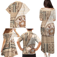 Samoa Siapo Elegant Family Matching Puletasi and Hawaiian Shirt Hibiscus Beige Motifs LT05 - Polynesian Pride