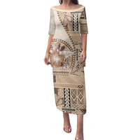 Samoa Siapo Elegant Family Matching Puletasi and Hawaiian Shirt Hibiscus Beige Motifs LT05 Mom's Dress Beige - Polynesian Pride