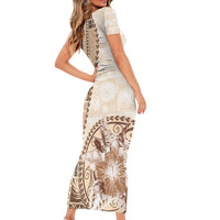 Samoa Siapo Elegant Family Matching Short Sleeve Bodycon Dress and Hawaiian Shirt Hibiscus Beige Motifs LT05 - Polynesian Pride