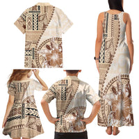 Samoa Siapo Elegant Family Matching Tank Maxi Dress and Hawaiian Shirt Hibiscus Beige Motifs LT05 - Polynesian Pride