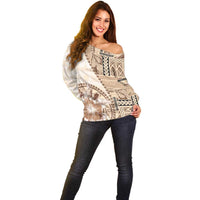 Samoa Siapo Elegant Off Shoulder Sweater Hibiscus Beige Motifs - Polynesian Pride
