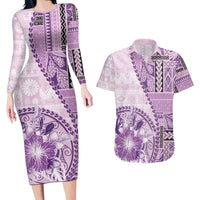 Samoa Siapo Elegant Couples Matching Long Sleeve Bodycon Dress and Hawaiian Shirt Hibiscus Violet Motifs LT05 Violet - Polynesian Pride