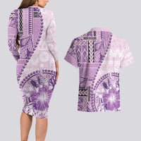 Samoa Siapo Elegant Couples Matching Long Sleeve Bodycon Dress and Hawaiian Shirt Hibiscus Violet Motifs LT05 - Polynesian Pride