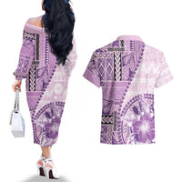 Samoa Siapo Elegant Couples Matching Off The Shoulder Long Sleeve Dress and Hawaiian Shirt Hibiscus Violet Motifs LT05 - Polynesian Pride