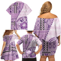 Samoa Siapo Elegant Family Matching Off Shoulder Short Dress and Hawaiian Shirt Hibiscus Violet Motifs LT05 - Polynesian Pride