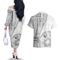 Samoa Siapo Elegant Couples Matching Off The Shoulder Long Sleeve Dress and Hawaiian Shirt Hibiscus White Motifs LT05 - Polynesian Pride