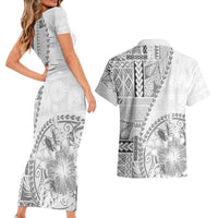 Samoa Siapo Elegant Couples Matching Short Sleeve Bodycon Dress and Hawaiian Shirt Hibiscus White Motifs LT05 - Polynesian Pride