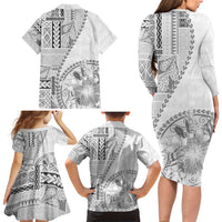 Samoa Siapo Elegant Family Matching Long Sleeve Bodycon Dress and Hawaiian Shirt Hibiscus White Motifs LT05 - Polynesian Pride