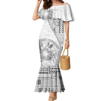 Samoa Siapo Elegant Family Matching Mermaid Dress and Hawaiian Shirt Hibiscus White Motifs LT05 Mom's Dress White - Polynesian Pride