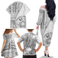 Samoa Siapo Elegant Family Matching Off The Shoulder Long Sleeve Dress and Hawaiian Shirt Hibiscus White Motifs LT05 - Polynesian Pride