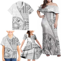 Samoa Siapo Elegant Family Matching Off Shoulder Maxi Dress and Hawaiian Shirt Hibiscus White Motifs LT05 - Polynesian Pride