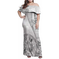Samoa Siapo Elegant Family Matching Off Shoulder Maxi Dress and Hawaiian Shirt Hibiscus White Motifs LT05 Mom's Dress White - Polynesian Pride