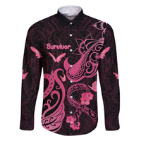 Breast Cancer Awareness Family Matching Off Shoulder Long Sleeve Dress and Hawaiian Shirt Ribbon Polynesian Pattern Black Version LT05 Dad's Shirt - Long Sleeve Black - Polynesian Pride