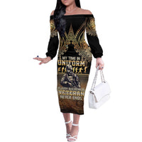 Polynesia Veterans Day Family Matching Off The Shoulder Long Sleeve Dress and Hawaiian Shirt Thank You Veterans Polynesian Pattern LT05 Mom's Dress Gold - Polynesian Pride
