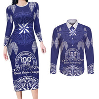 Personalised Queen Salote College Centenary Couples Matching Long Sleeve Bodycon Dress and Long Sleeve Button Shirt Tongan Kupesi Pattern LT05 Navy - Polynesian Pride