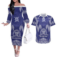 Personalised Queen Salote College Centenary Couples Matching Off The Shoulder Long Sleeve Dress and Hawaiian Shirt Tongan Kupesi Pattern LT05 Navy - Polynesian Pride