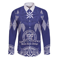 Personalised Queen Salote College Centenary Family Matching Long Sleeve Bodycon Dress and Hawaiian Shirt Tongan Kupesi Pattern LT05 Dad's Shirt - Long Sleeve Navy - Polynesian Pride