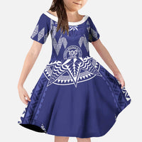 Personalised Queen Salote College Centenary Family Matching Off The Shoulder Long Sleeve Dress and Hawaiian Shirt Tongan Kupesi Pattern LT05 Daughter's Dress Navy - Polynesian Pride