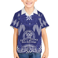 Personalised Queen Salote College Centenary Family Matching Off The Shoulder Long Sleeve Dress and Hawaiian Shirt Tongan Kupesi Pattern LT05 Son's Shirt Navy - Polynesian Pride