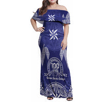 Personalised Queen Salote College Centenary Family Matching Off Shoulder Maxi Dress and Hawaiian Shirt Tongan Kupesi Pattern LT05 Mom's Dress Navy - Polynesian Pride