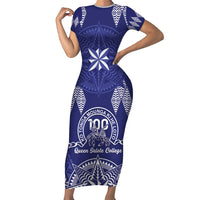 Personalised Queen Salote College Centenary Family Matching Short Sleeve Bodycon Dress and Hawaiian Shirt Tongan Kupesi Pattern LT05 Mom's Dress Navy - Polynesian Pride