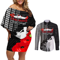 Pearl Harbor Remembrance Day Couples Matching Off Shoulder Short Dress and Long Sleeve Button Shirt USS Arizona In Memory With Polynesian Pattern LT05 Black - Polynesian Pride