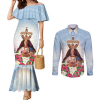 Guam Patroness Couples Matching Mermaid Dress and Long Sleeve Button Shirt The Legend Santa Marian Kamalen LT05 Blue - Polynesian Pride