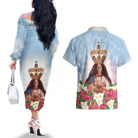 Guam Patroness Couples Matching Off The Shoulder Long Sleeve Dress and Hawaiian Shirt The Legend Santa Marian Kamalen LT05 - Polynesian Pride