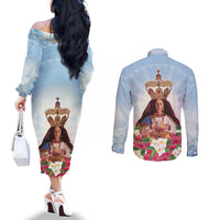 Guam Patroness Couples Matching Off The Shoulder Long Sleeve Dress and Long Sleeve Button Shirt The Legend Santa Marian Kamalen LT05 - Polynesian Pride