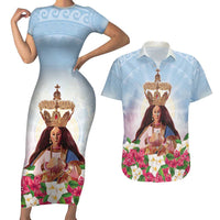 Guam Patroness Couples Matching Short Sleeve Bodycon Dress and Hawaiian Shirt The Legend Santa Marian Kamalen LT05 Blue - Polynesian Pride