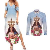 Guam Patroness Couples Matching Summer Maxi Dress and Long Sleeve Button Shirt The Legend Santa Marian Kamalen LT05 Blue - Polynesian Pride