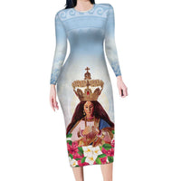 Guam Patroness Family Matching Long Sleeve Bodycon Dress and Hawaiian Shirt The Legend Santa Marian Kamalen LT05 Mom's Dress Blue - Polynesian Pride